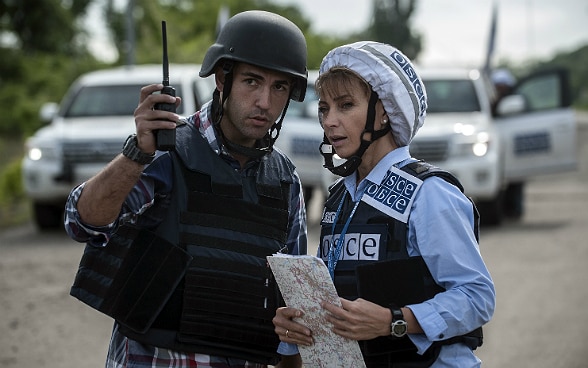 A patrol of the OSCE Special Monitoring Mission to Ukraine in August 2016 in the Donetsk region.