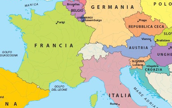 Carta dell’Europa centrale con la Svizzera e i suoi Paesi confinanti. 