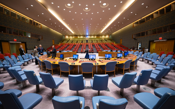 View of the horseshoe-shaped table of the UN Security Council.