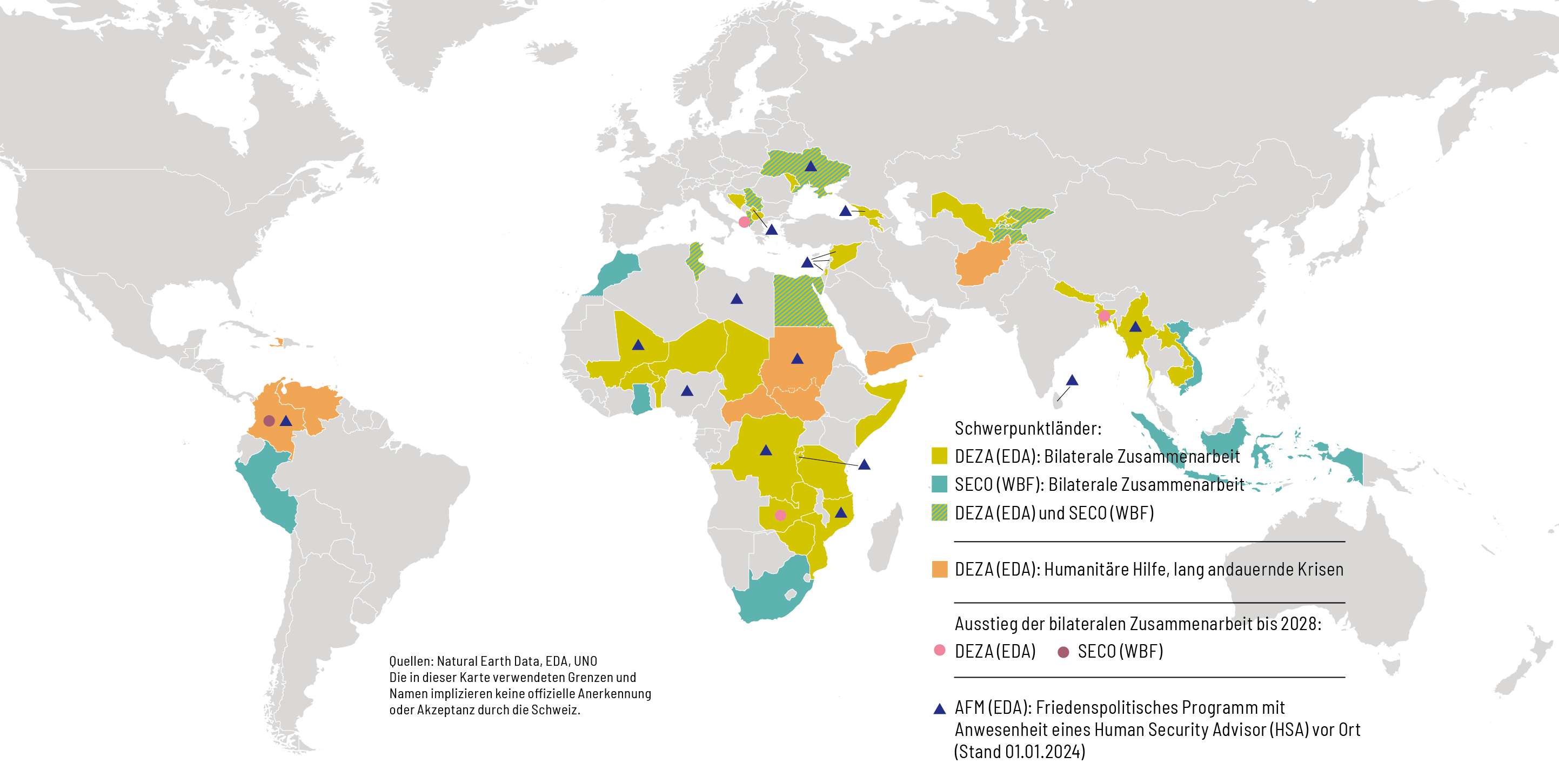 Schwerpunktländer der internationalen Zusammenarbeit der Schweiz 2025–2028.
