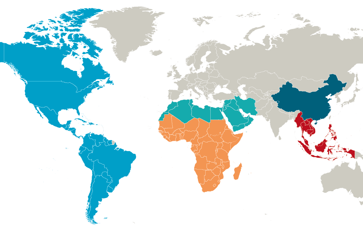 Map of the world with the Middle East and North Africa, Sub-Saharan Africa, China, Americas and South East Asia regions in colour.