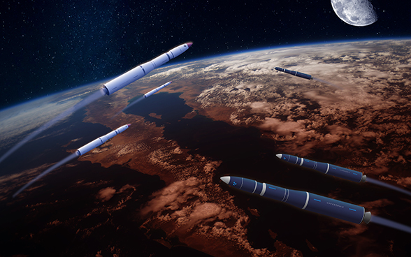 Illustration mit zahlreichen Raketen, die in unterschiedliche Richtungen fliegen, mit der Weltkugel im Hintergrund.