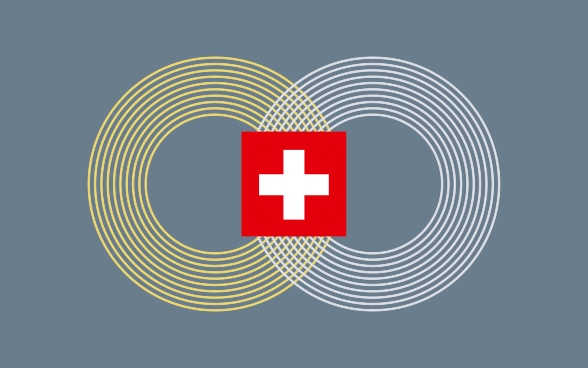 Image représentant un cercle bleu et un cercle jaune qui se fondent l’un dans l’autre. On peut lire en dessous, complétée par une croix suisse, les indications «Conférence de haut niveau sur la paix en Ukraine», le lieu «Bürgenstock – Lake Lucerne» et la date «15-16 Juin 2024».