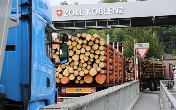Lastwagen warten vor dem Schweizer Zoll in Koblenz.