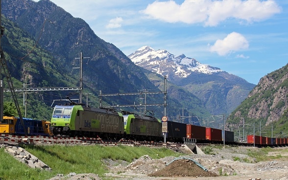 Un train de marchandises transportant des conteneurs passe devant un paysage de montagnes.