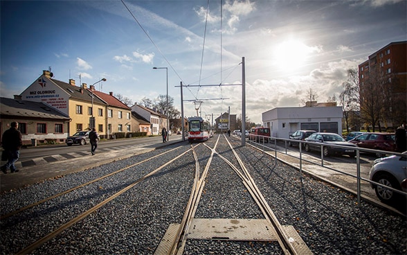 A tram driving through the Czech city of Olomuc.