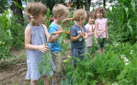 Groupe d’enfants jouant dans un potager scolaire bio en Slovénie